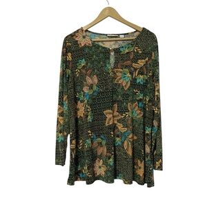 Susan Graver Dark Fall Floral Long Sleeve Shirt Size 1XP Classic Modest